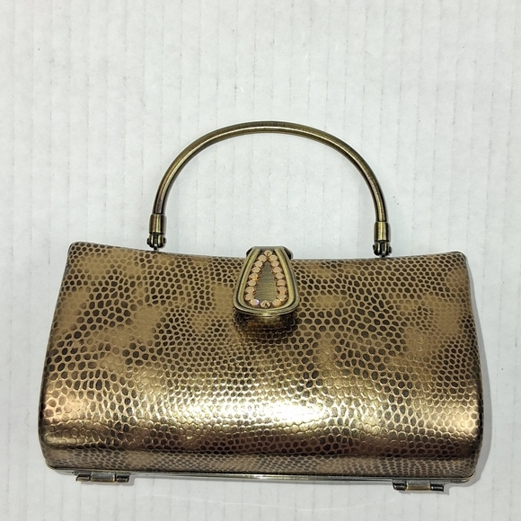 Vintage Gold Metallic Hard Shell Rhinestone Clasp Chain Purse Clutch